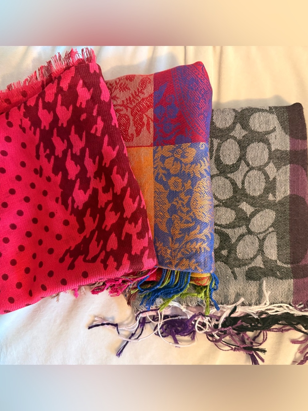 1 Banana Republic and two other Multicolor Fringe Scarf shawls— Pink, Blue, Gray